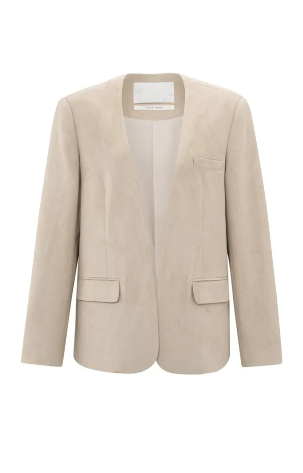 Suedine Collarless Blazer With Regular Fit Humus Beige Women YAYA Blazers Suedine Collarless Blazer With Regular Fit Humus Beige Women YAYA Blazers