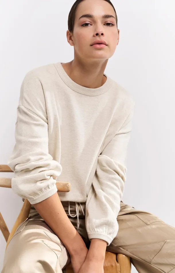 Sweater With Corded Hem And Loose Fit Light Beige Melange Women YAYA Sweaters Sweater With Corded Hem And Loose Fit Light Beige Melange Women YAYA Sweaters