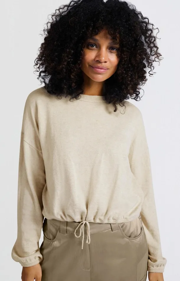 Sweater With Corded Hem And Loose Fit Light Beige Melange Women YAYA Sweaters Sweater With Corded Hem And Loose Fit Light Beige Melange Women YAYA Sweaters