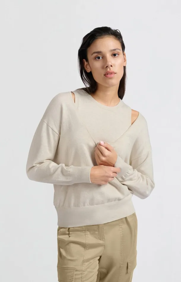 Sweater With Deep Round Neck And Matching Tank Top Light Beige Melange Women YAYA Sweaters Sweater With Deep Round Neck And Matching Tank Top Light Beige Melange Women YAYA Sweaters