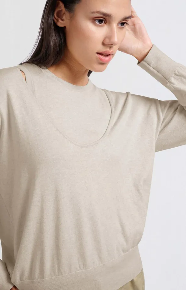 Sweater With Deep Round Neck And Matching Tank Top Light Beige Melange Women YAYA Sweaters Sweater With Deep Round Neck And Matching Tank Top Light Beige Melange Women YAYA Sweaters