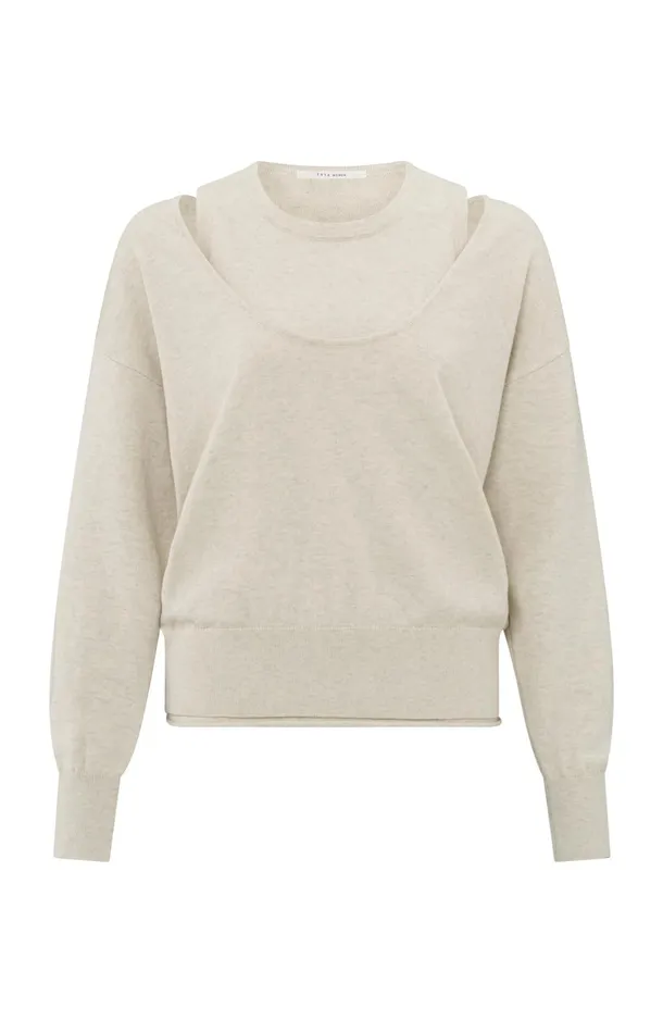 Sweater With Deep Round Neck And Matching Tank Top Light Beige Melange Women YAYA Sweaters Sweater With Deep Round Neck And Matching Tank Top Light Beige Melange Women YAYA Sweaters