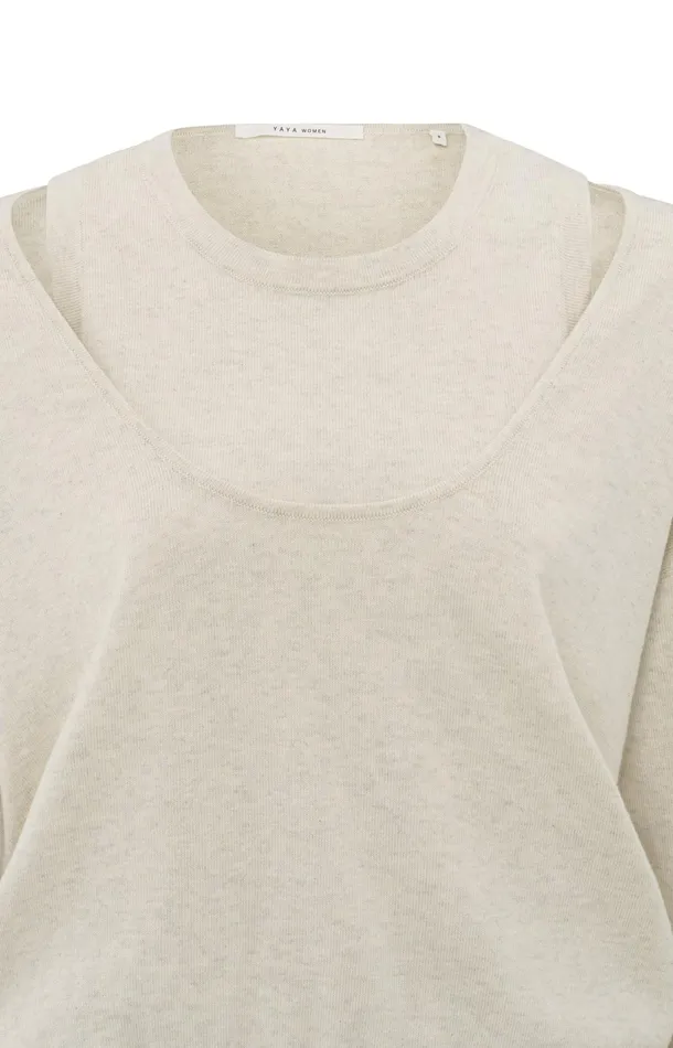 Sweater With Deep Round Neck And Matching Tank Top Light Beige Melange Women YAYA Sweaters Sweater With Deep Round Neck And Matching Tank Top Light Beige Melange Women YAYA Sweaters