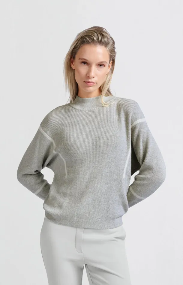Sweater With High Neck And Subtle Stripe Details Medium Grey Melange Women YAYA Sweaters Sweater With High Neck And Subtle Stripe Details Medium Grey Melange Women YAYA Sweaters