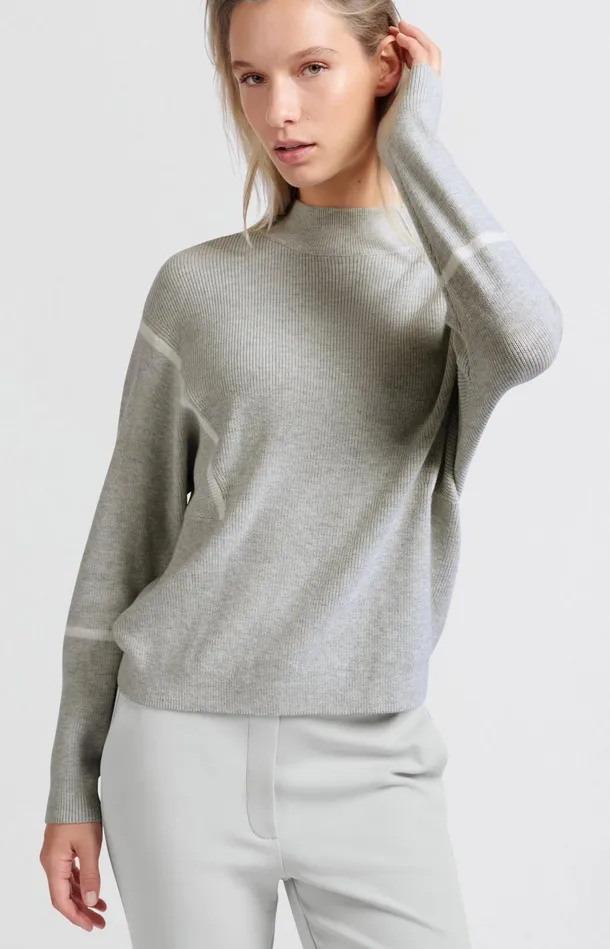Sweater With High Neck And Subtle Stripe Details Medium Grey Melange Women YAYA Sweaters Sweater With High Neck And Subtle Stripe Details Medium Grey Melange Women YAYA Sweaters