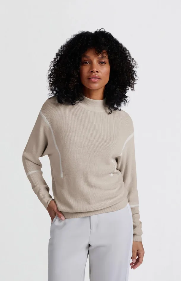 Sweater With High Neck And Subtle Stripe Details Pumice Stone Beige Dessin Women YAYA Sweaters Sweater With High Neck And Subtle Stripe Details Pumice Stone Beige Dessin Women YAYA Sweaters