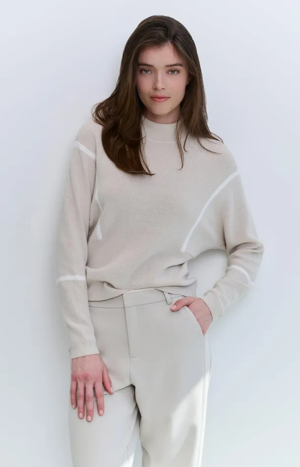 Sweater With High Neck And Subtle Stripe Details Pumice Stone Beige Dessin Women YAYA Sweaters Sweater With High Neck And Subtle Stripe Details Pumice Stone Beige Dessin Women YAYA Sweaters