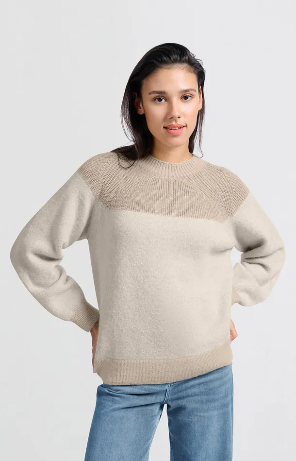 Sweater With Mixed Textures And Round Neck Pumice Stone Beige Dessin Women YAYA Sweaters Sweater With Mixed Textures And Round Neck Pumice Stone Beige Dessin Women YAYA Sweaters