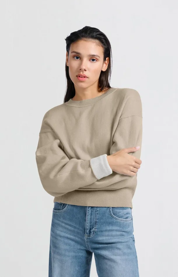 Sweater With Round Neck And Contrasting Trim Details Feather Women YAYA Sweaters Sweater With Round Neck And Contrasting Trim Details Feather Women YAYA Sweaters