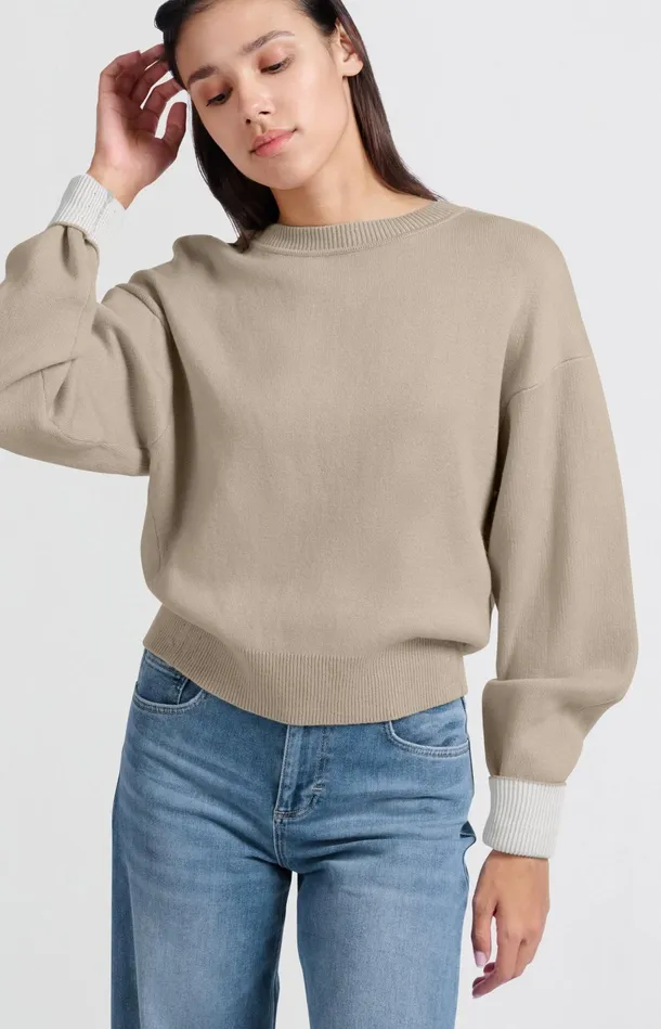Sweater With Round Neck And Contrasting Trim Details Feather Women YAYA Sweaters Sweater With Round Neck And Contrasting Trim Details Feather Women YAYA Sweaters