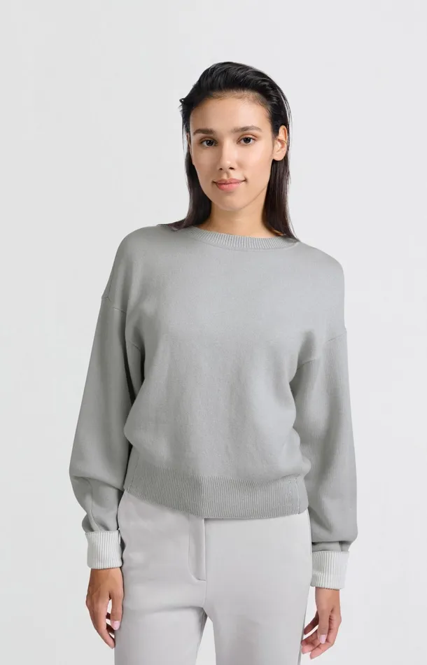 Sweater With Round Neck And Contrasting Trim Details Harbor Mist Grey Women YAYA Sweaters Sweater With Round Neck And Contrasting Trim Details Harbor Mist Grey Women YAYA Sweaters