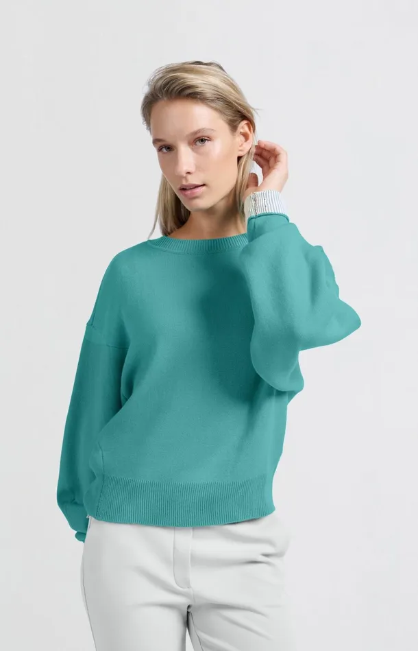 Sweater With Round Neck And Contrasting Trim Details Lagoon Blue Women YAYA Sweaters Sweater With Round Neck And Contrasting Trim Details Lagoon Blue Women YAYA Sweaters