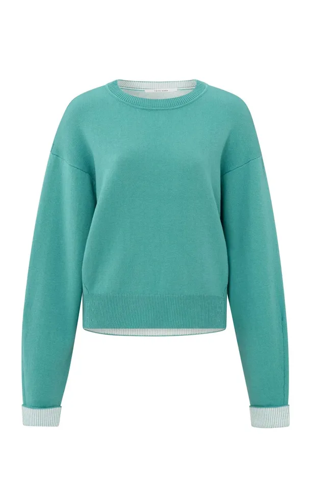 Sweater With Round Neck And Contrasting Trim Details Lagoon Blue Women YAYA Sweaters Sweater With Round Neck And Contrasting Trim Details Lagoon Blue Women YAYA Sweaters