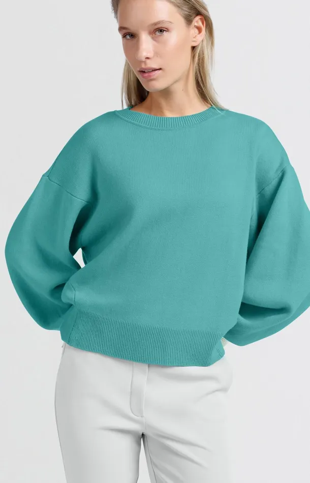 Sweater With Round Neck And Contrasting Trim Details Lagoon Blue Women YAYA Sweaters Sweater With Round Neck And Contrasting Trim Details Lagoon Blue Women YAYA Sweaters