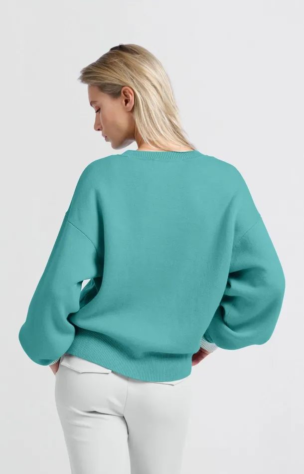 Sweater With Round Neck And Contrasting Trim Details Lagoon Blue Women YAYA Sweaters Sweater With Round Neck And Contrasting Trim Details Lagoon Blue Women YAYA Sweaters