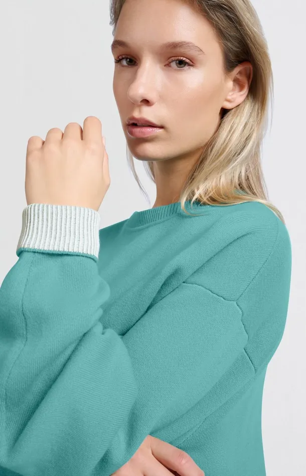 Sweater With Round Neck And Contrasting Trim Details Lagoon Blue Women YAYA Sweaters Sweater With Round Neck And Contrasting Trim Details Lagoon Blue Women YAYA Sweaters