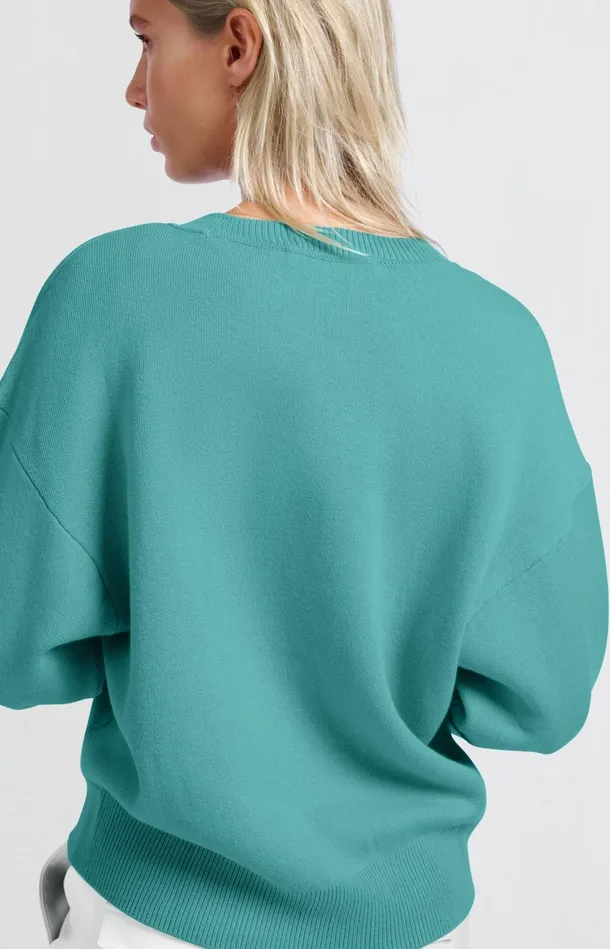 Sweater With Round Neck And Contrasting Trim Details Lagoon Blue Women YAYA Sweaters Sweater With Round Neck And Contrasting Trim Details Lagoon Blue Women YAYA Sweaters