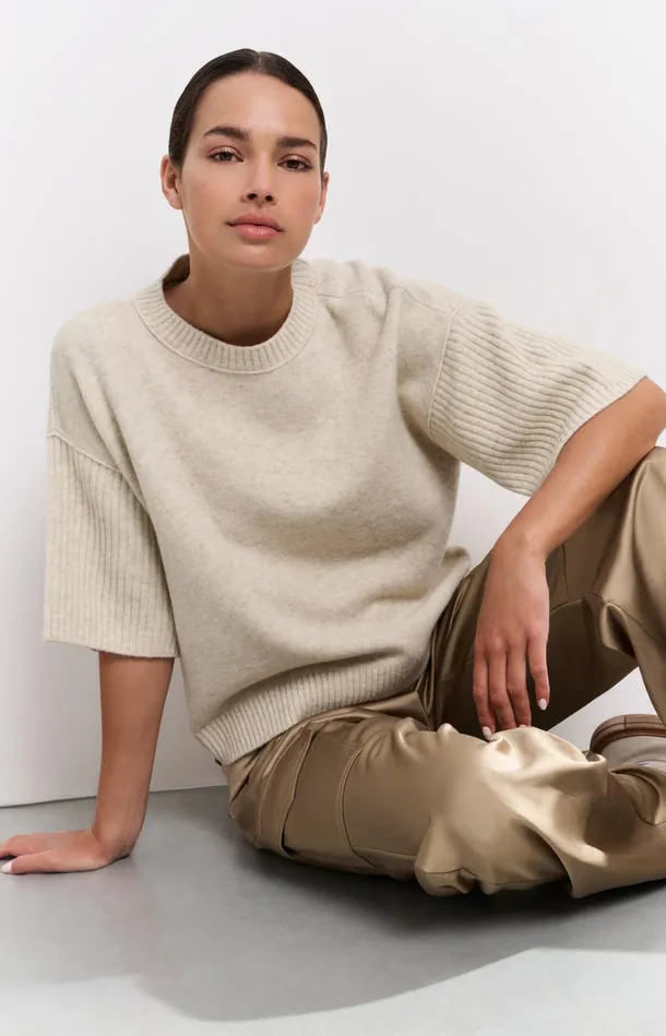 Sweater With Round Neck And Short Ribbed Sleeves Light Beige Melange Women YAYA Sweaters Sweater With Round Neck And Short Ribbed Sleeves Light Beige Melange Women YAYA Sweaters