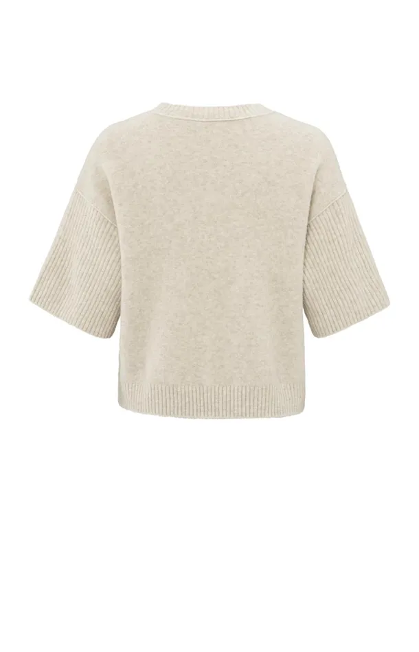 Sweater With Round Neck And Short Ribbed Sleeves Light Beige Melange Women YAYA Sweaters Sweater With Round Neck And Short Ribbed Sleeves Light Beige Melange Women YAYA Sweaters