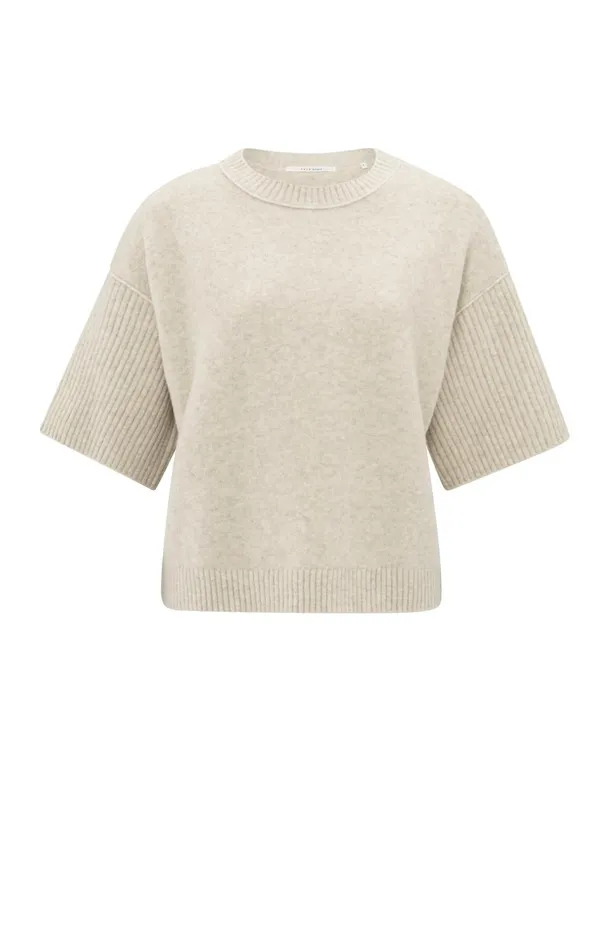 Sweater With Round Neck And Short Ribbed Sleeves Light Beige Melange Women YAYA Sweaters Sweater With Round Neck And Short Ribbed Sleeves Light Beige Melange Women YAYA Sweaters