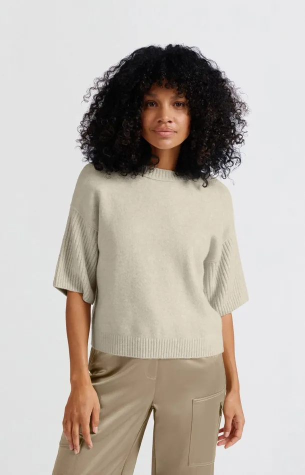 Sweater With Round Neck And Short Ribbed Sleeves Light Beige Melange Women YAYA Sweaters Sweater With Round Neck And Short Ribbed Sleeves Light Beige Melange Women YAYA Sweaters