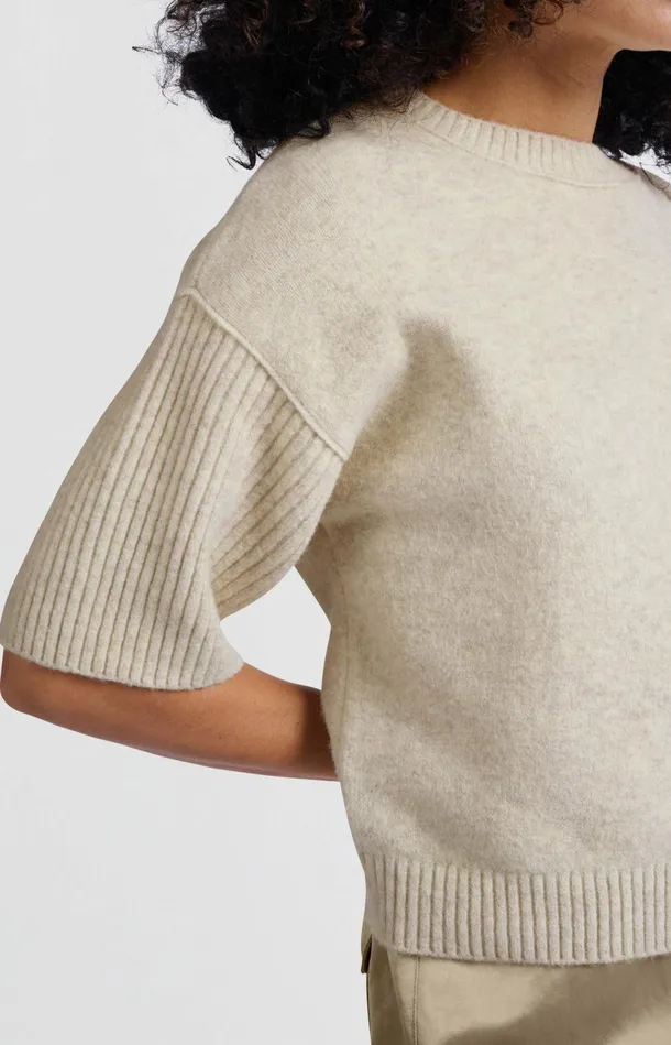 Sweater With Round Neck And Short Ribbed Sleeves Light Beige Melange Women YAYA Sweaters Sweater With Round Neck And Short Ribbed Sleeves Light Beige Melange Women YAYA Sweaters