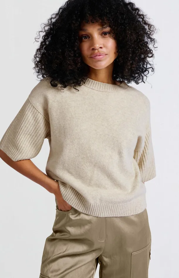 Sweater With Round Neck And Short Ribbed Sleeves Light Beige Melange Women YAYA Sweaters Sweater With Round Neck And Short Ribbed Sleeves Light Beige Melange Women YAYA Sweaters