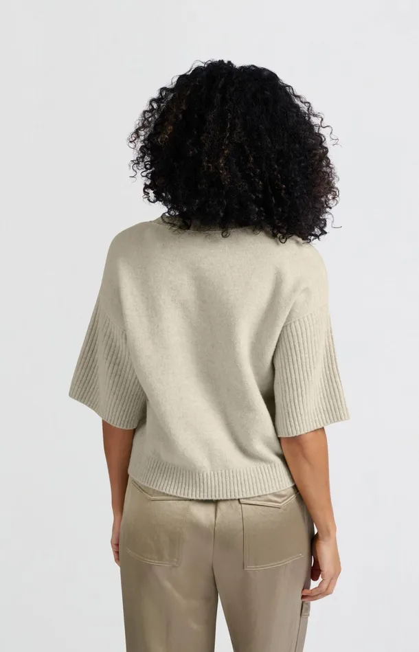 Sweater With Round Neck And Short Ribbed Sleeves Light Beige Melange Women YAYA Sweaters Sweater With Round Neck And Short Ribbed Sleeves Light Beige Melange Women YAYA Sweaters