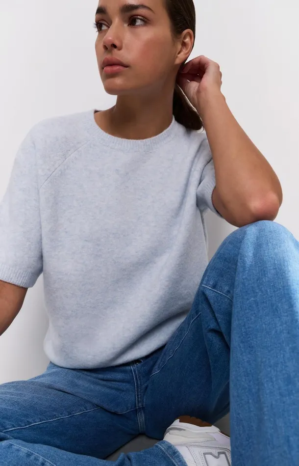 Sweater With Short Raglan Sleeves And Round Neckline Gray Dawn Blue Melange Women YAYA Sweaters Sweater With Short Raglan Sleeves And Round Neckline Gray Dawn Blue Melange Women YAYA Sweaters