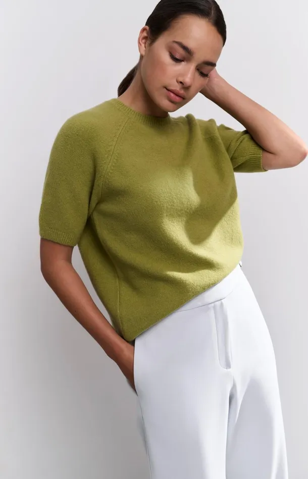 Sweater With Short Raglan Sleeves And Round Neckline Olive Melange Women YAYA Sweaters Sweater With Short Raglan Sleeves And Round Neckline Olive Melange Women YAYA Sweaters