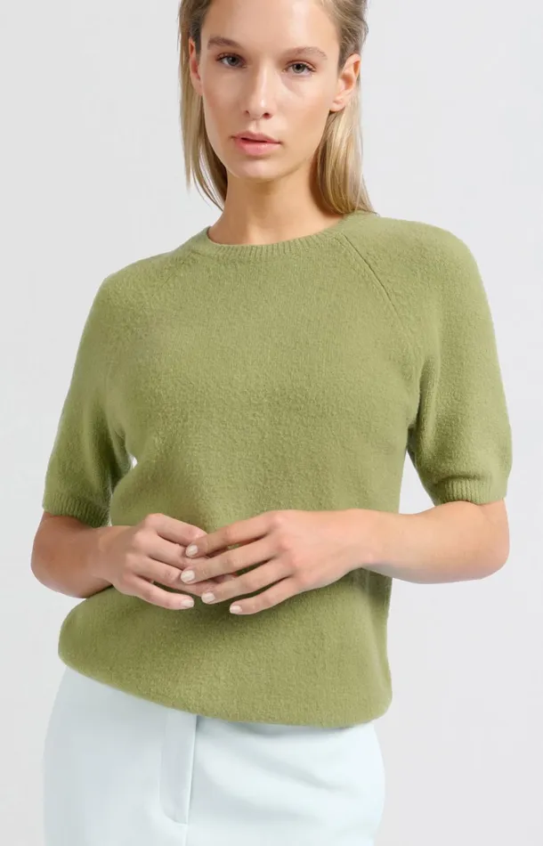 Sweater With Short Raglan Sleeves And Round Neckline Olive Melange Women YAYA Sweaters Sweater With Short Raglan Sleeves And Round Neckline Olive Melange Women YAYA Sweaters