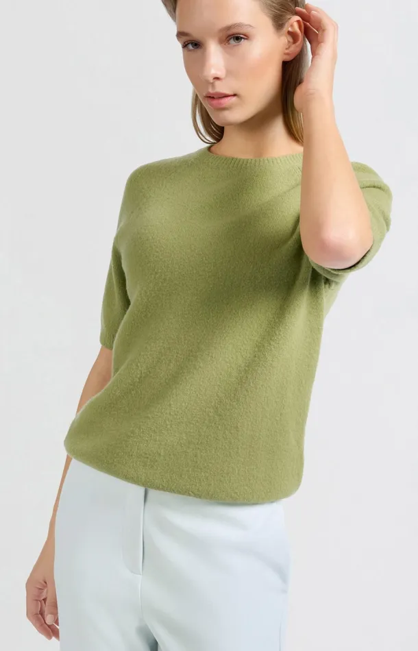 Sweater With Short Raglan Sleeves And Round Neckline Olive Melange Women YAYA Sweaters Sweater With Short Raglan Sleeves And Round Neckline Olive Melange Women YAYA Sweaters