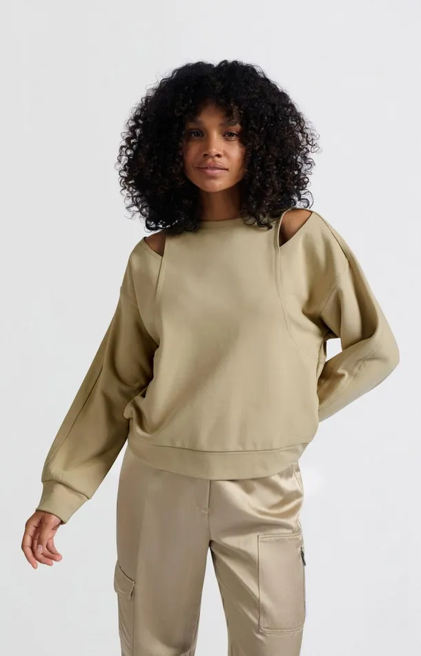 Sweatshirt With Open Shoulder Details And Round Neckline Safari Women YAYA Sweaters Sweatshirt With Open Shoulder Details And Round Neckline Safari Women YAYA Sweaters