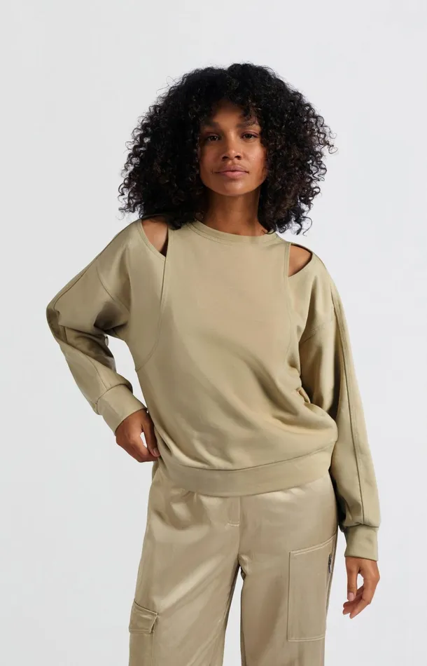 Sweatshirt With Open Shoulder Details And Round Neckline Safari Women YAYA Sweaters Sweatshirt With Open Shoulder Details And Round Neckline Safari Women YAYA Sweaters