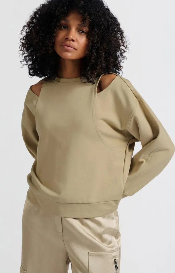 Sweatshirt With Open Shoulder Details And Round Neckline Safari Women YAYA Sweaters Sweatshirt With Open Shoulder Details And Round Neckline Safari Women YAYA Sweaters