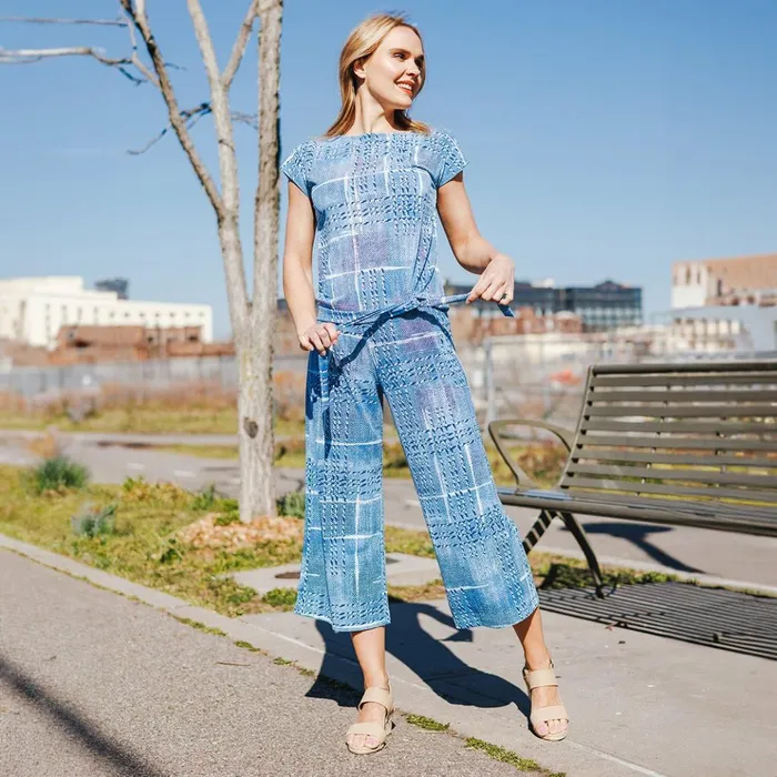 Textured Cap Sleeve Tie Hem Top 8211 Denim Plaid 8211 Final Sale Women Clara Sunwoo Tops Tunics Textured Cap Sleeve Tie Hem Top 8211 Denim Plaid 8211 Final Sale Women Clara Sunwoo Tops Tunics