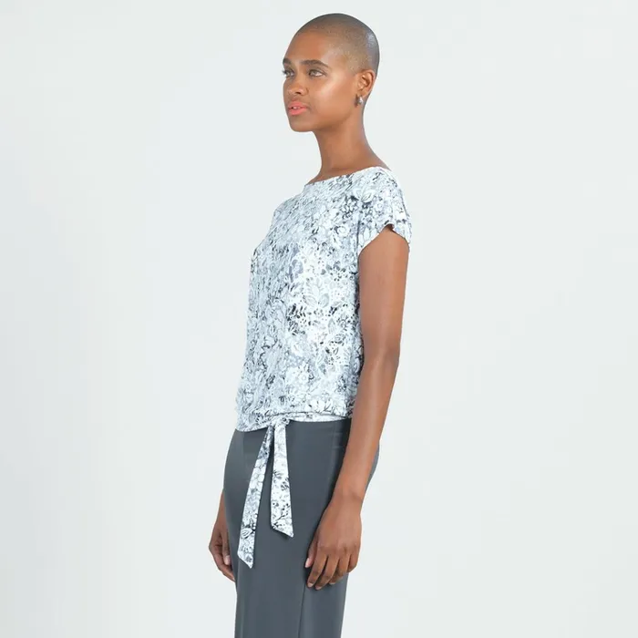 Textured Cap Sleeve Tie Hem Top 8211 Floral RainGrey 8211 Final Sale Women Clara Sunwoo Tops Tunics