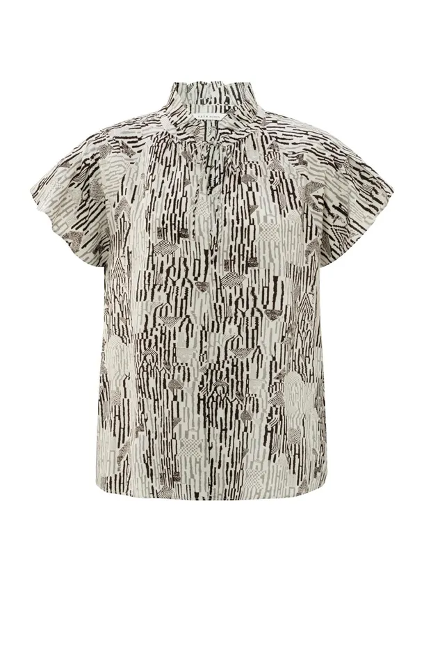 Top With High Ruffled Neck Short Sleeves And Print Moonstruck Grey Dessin Women YAYA Tops Top With High Ruffled Neck Short Sleeves And Print Moonstruck Grey Dessin Women YAYA Tops