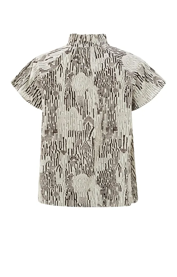 Top With High Ruffled Neck Short Sleeves And Print Moonstruck Grey Dessin Women YAYA Tops Top With High Ruffled Neck Short Sleeves And Print Moonstruck Grey Dessin Women YAYA Tops