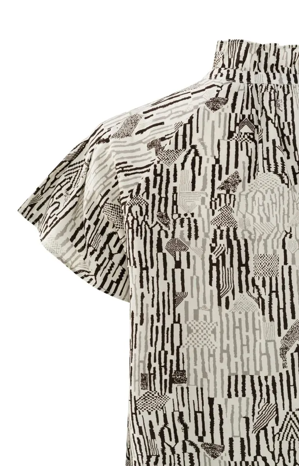Top With High Ruffled Neck Short Sleeves And Print Moonstruck Grey Dessin Women YAYA Tops Top With High Ruffled Neck Short Sleeves And Print Moonstruck Grey Dessin Women YAYA Tops