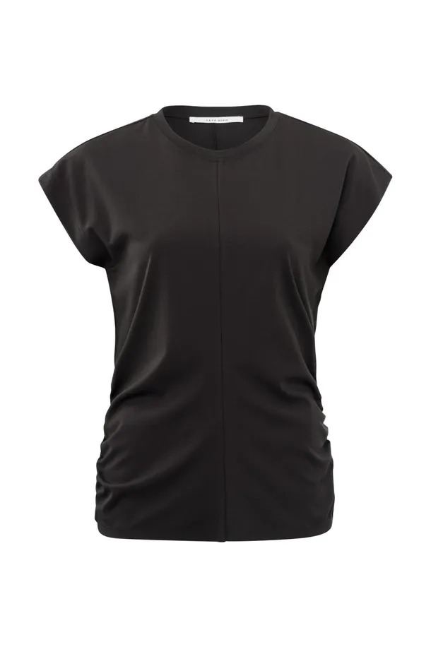 Top With Round Neck Cap Sleeves And Gathered Seams Licorice Black Women YAYA Tops Top With Round Neck Cap Sleeves And Gathered Seams Licorice Black Women YAYA Tops
