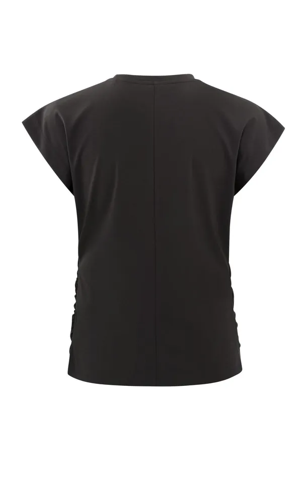 Top With Round Neck Cap Sleeves And Gathered Seams Licorice Black Women YAYA Tops Top With Round Neck Cap Sleeves And Gathered Seams Licorice Black Women YAYA Tops