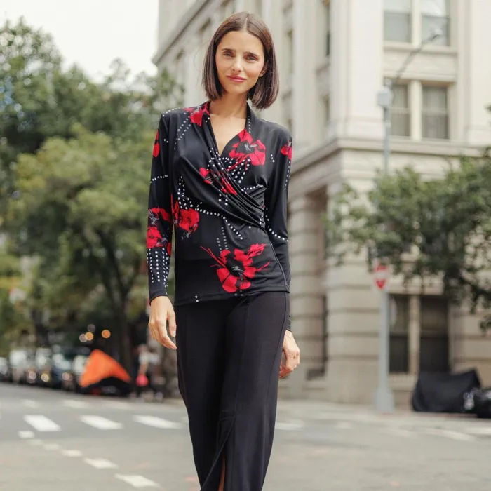 VNeck Draped Pleat Top 8211 Polka Poppy 8211 Final Sale Women Clara Sunwoo Tops Tunics