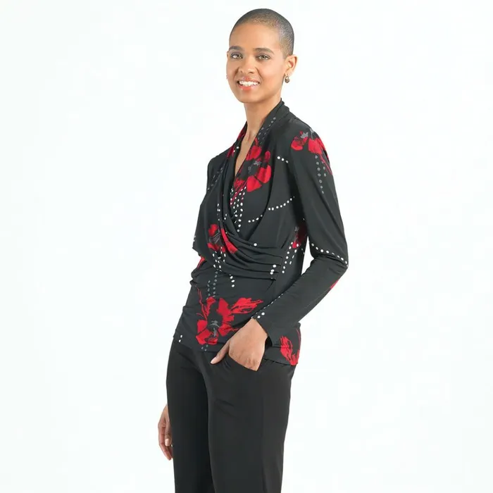 VNeck Draped Pleat Top 8211 Polka Poppy 8211 Final Sale Women Clara Sunwoo Tops Tunics