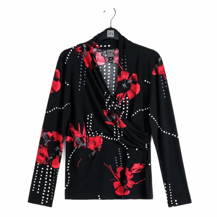 VNeck Draped Pleat Top 8211 Polka Poppy 8211 Final Sale Women Clara Sunwoo Tops Tunics