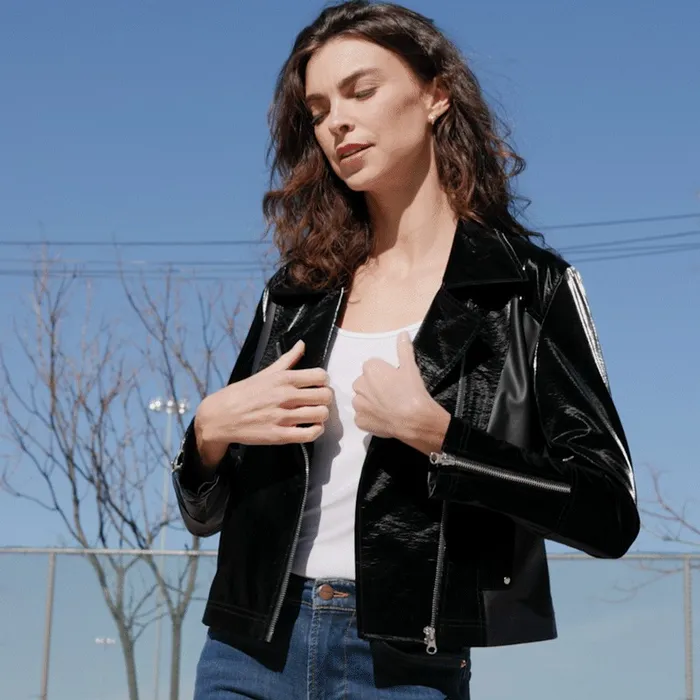 Vinyl 8211 Liquid Leather Panel Zip Cuff Pocket Jacket 8211 Black Women Clara Sunwoo Jackets Cardigans Vinyl 8211 Liquid Leather Panel Zip Cuff Pocket Jacket 8211 Black Women Clara Sunwoo Jackets Cardigans