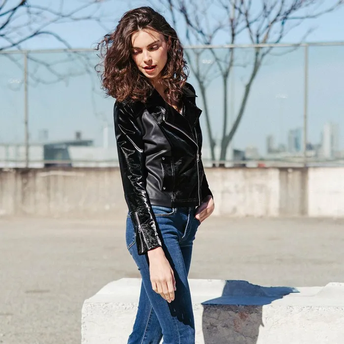 Vinyl 8211 Liquid Leather Panel Zip Cuff Pocket Jacket 8211 Black Women Clara Sunwoo Jackets Cardigans