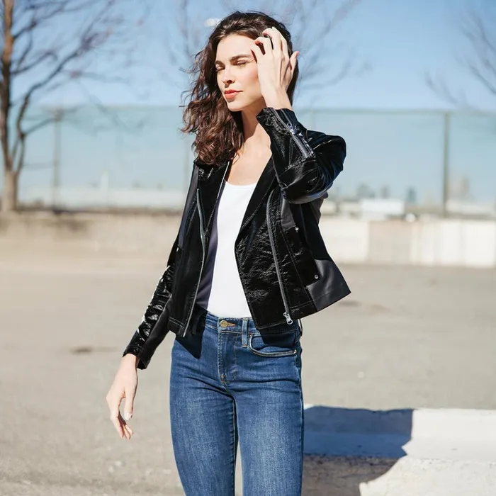 Vinyl 8211 Liquid Leather Panel Zip Cuff Pocket Jacket 8211 Black Women Clara Sunwoo Jackets Cardigans
