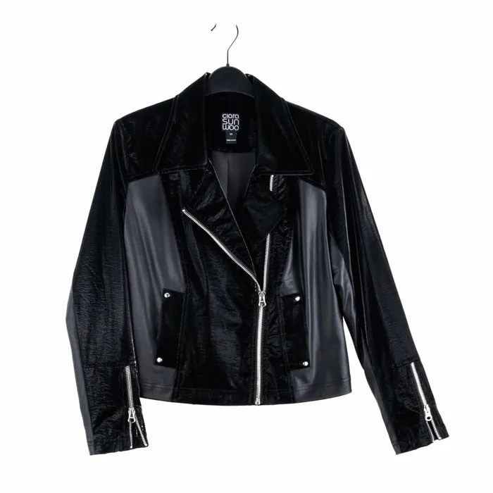 Vinyl 8211 Liquid Leather Panel Zip Cuff Pocket Jacket 8211 Black Women Clara Sunwoo Jackets Cardigans