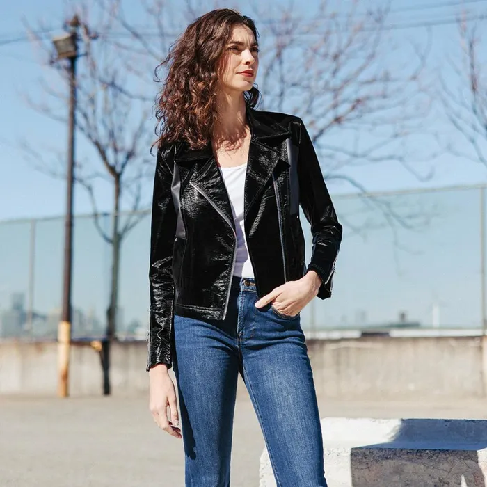 Vinyl 8211 Liquid Leather Panel Zip Cuff Pocket Jacket 8211 Black Women Clara Sunwoo Jackets Cardigans